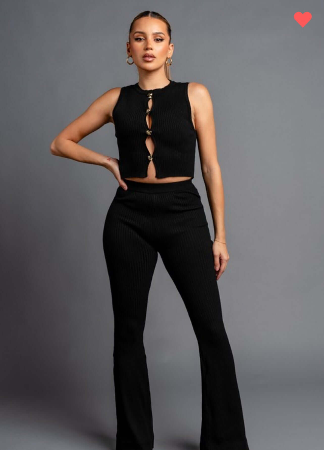 Rib Sweater Gold Button Pant Set