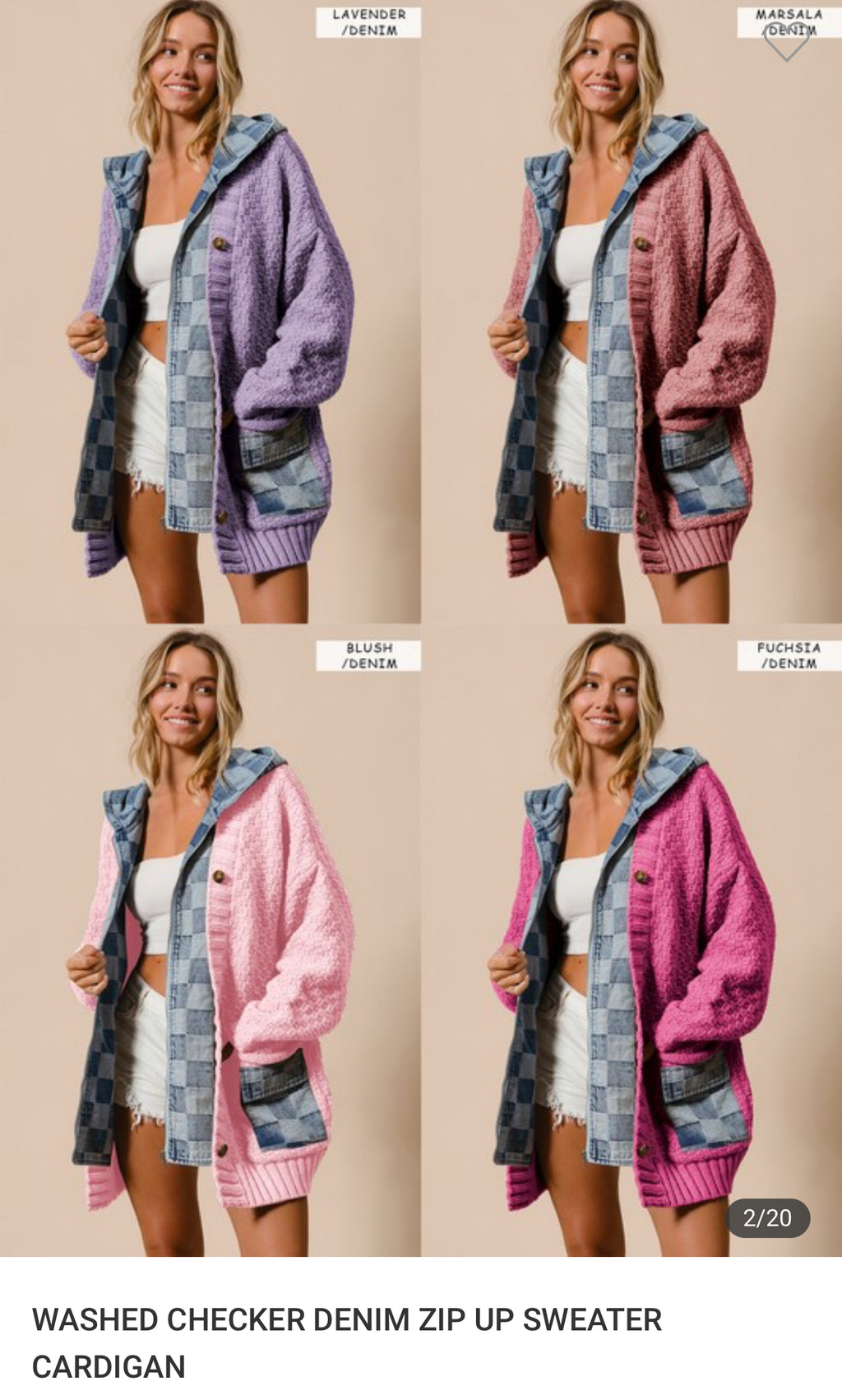 Washed Checkered Denim Zip Up Sweater