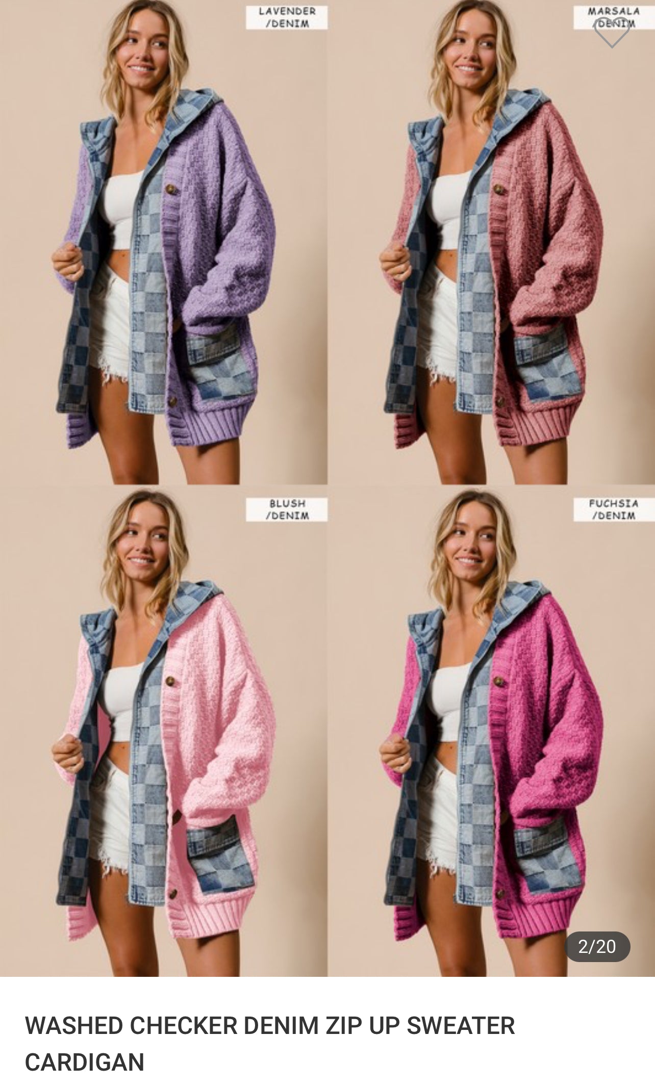 Washed Checkered Denim Zip Up Sweater