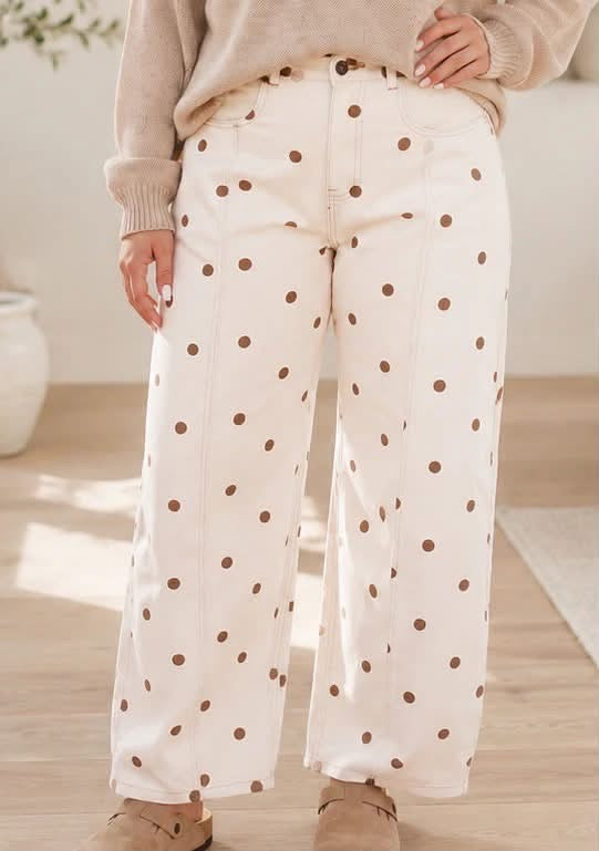 Beige Polka Dot Plus Barrel Jeans