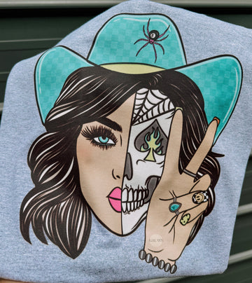 Turquoise cowgirl skull peace sign tee or sweatshirt