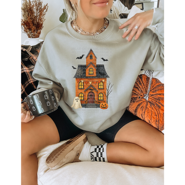 Orange Gable Ghost House "Haunted Homestead" Tee or Sweatshirt – Spooky Season Fall Graphic