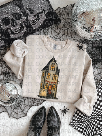 Ghost & Graveyard House “The Restless Retreat” Tee or Sweatshirt – Spooky Halloween Haunted House Shirt