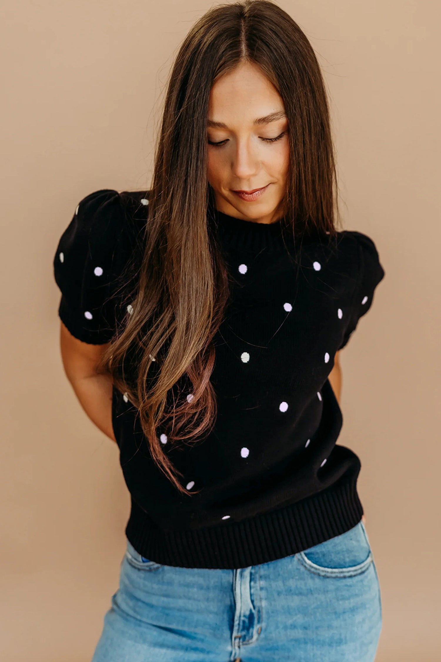 Chestnut Elegant Polka Dot Bubble Short Sleeve Sweater
