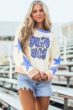 Beige Game Day Graphic Starry Patched Sleeve Contrast Trim Casual Sweatshirt