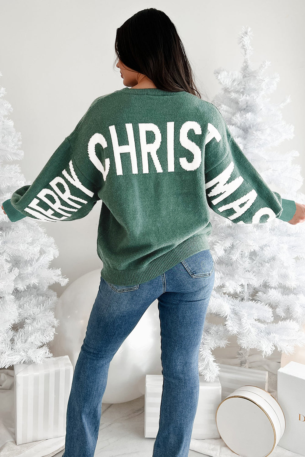 Fiery Red MERRY CHRISTMAS HO HO HO Drop Shoulder Loose Sweater