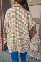 Khaki Houndstooth Color Contrast Textured Patchwork Loose Jacket