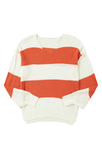 Red Stripe Colorblock V Neck Side Slits Sweater