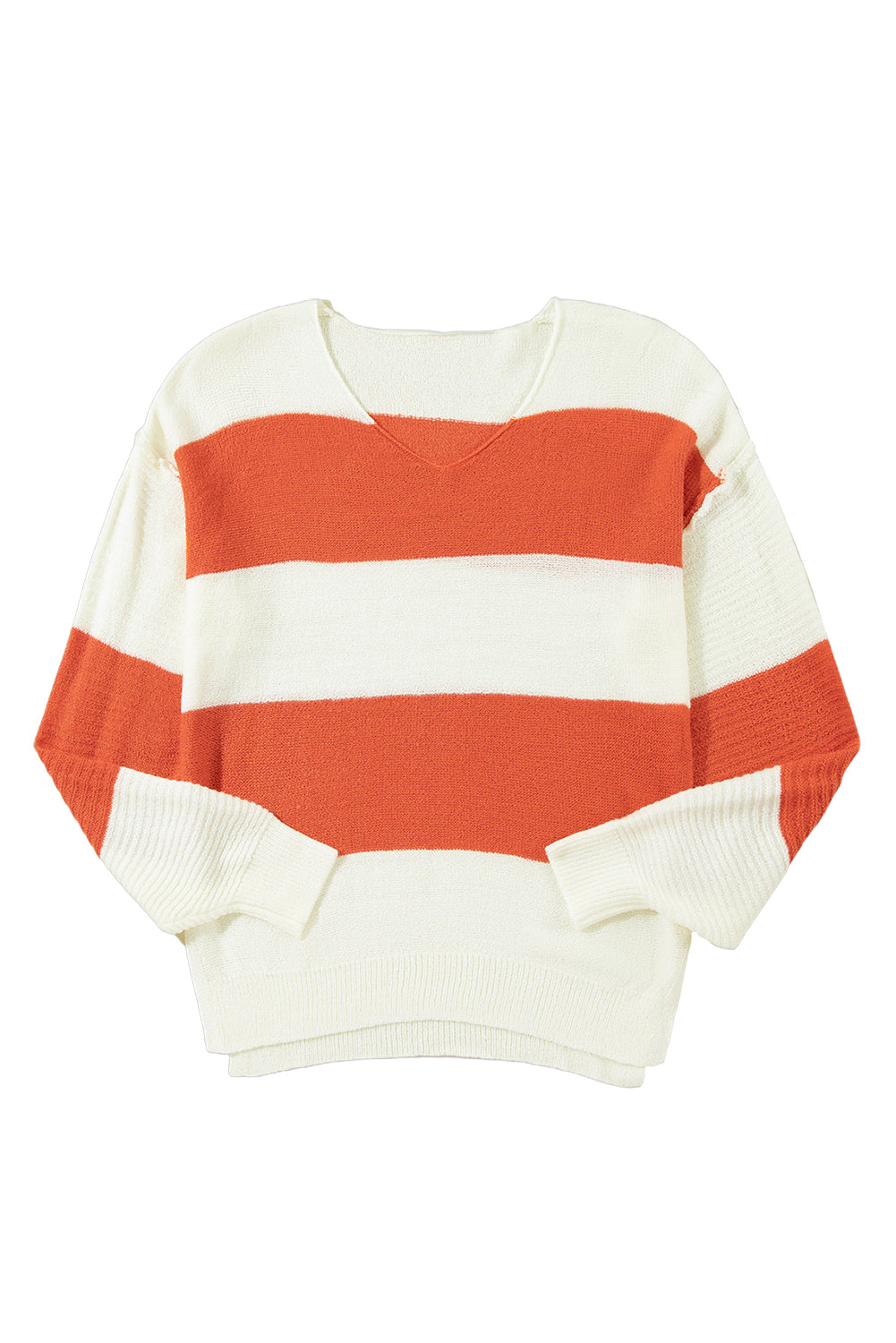 Red Stripe Colorblock V Neck Side Slits Sweater