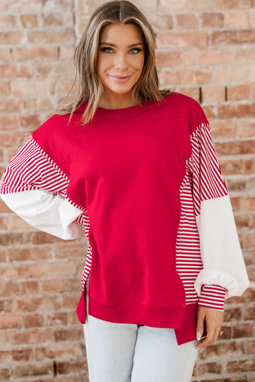 Fiery Red Striped Patchwork Sleeve Colorblock Sweatshirt