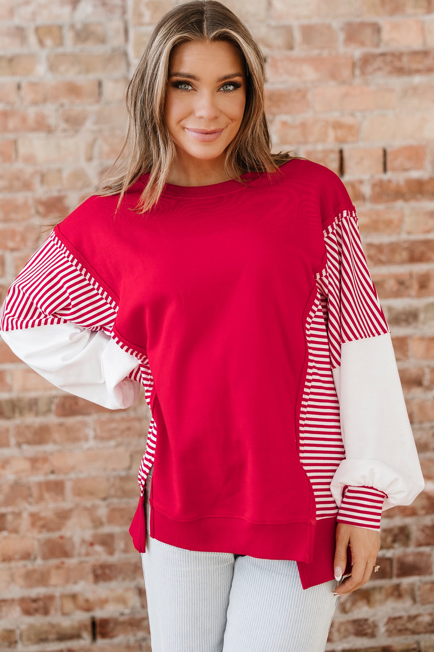 Racing Red Striped Patchwork Sleeve Colorblock Sweatshirt