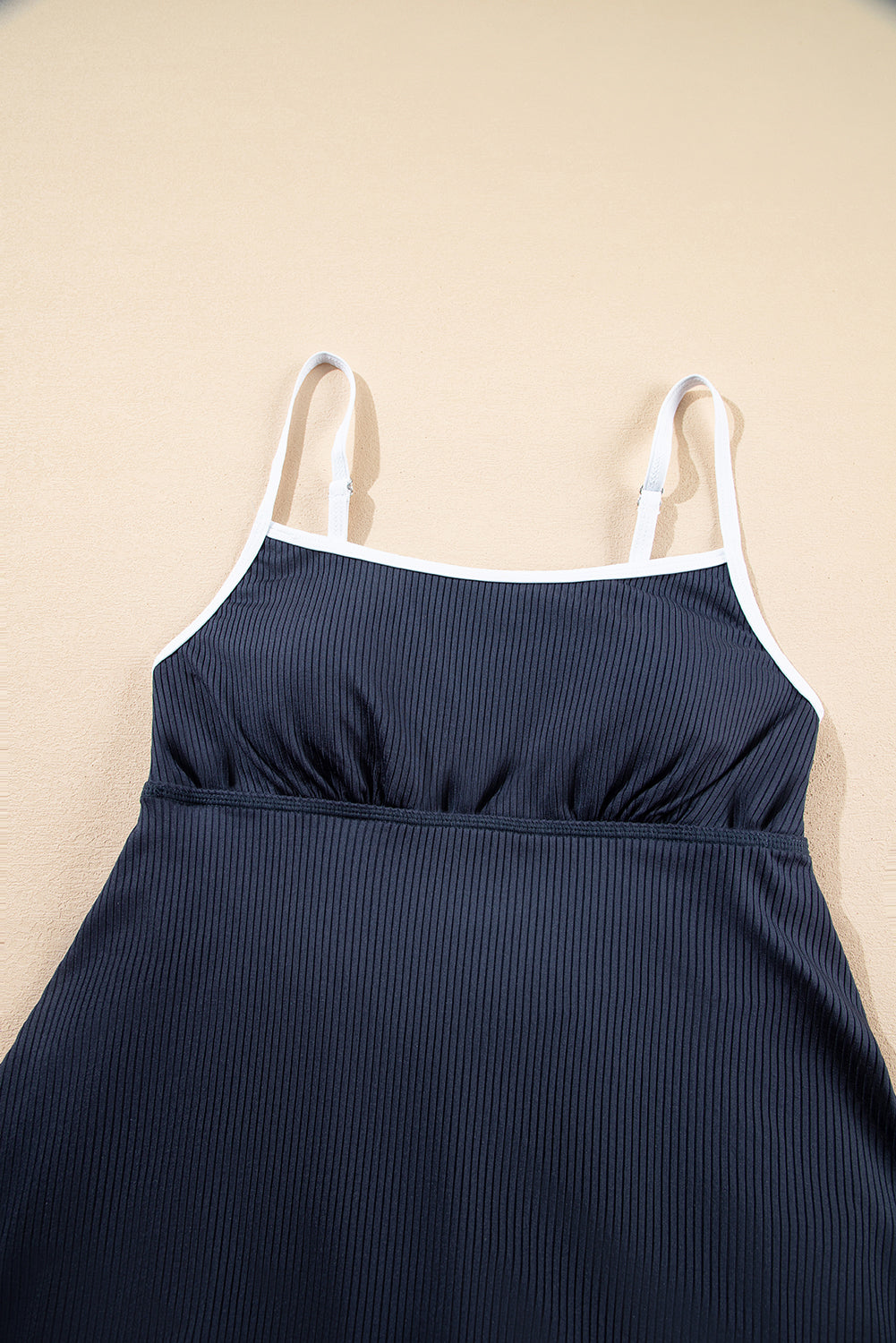 Blackish Green Color Block Edge Ribbed Pocketed Lined Swim Dress