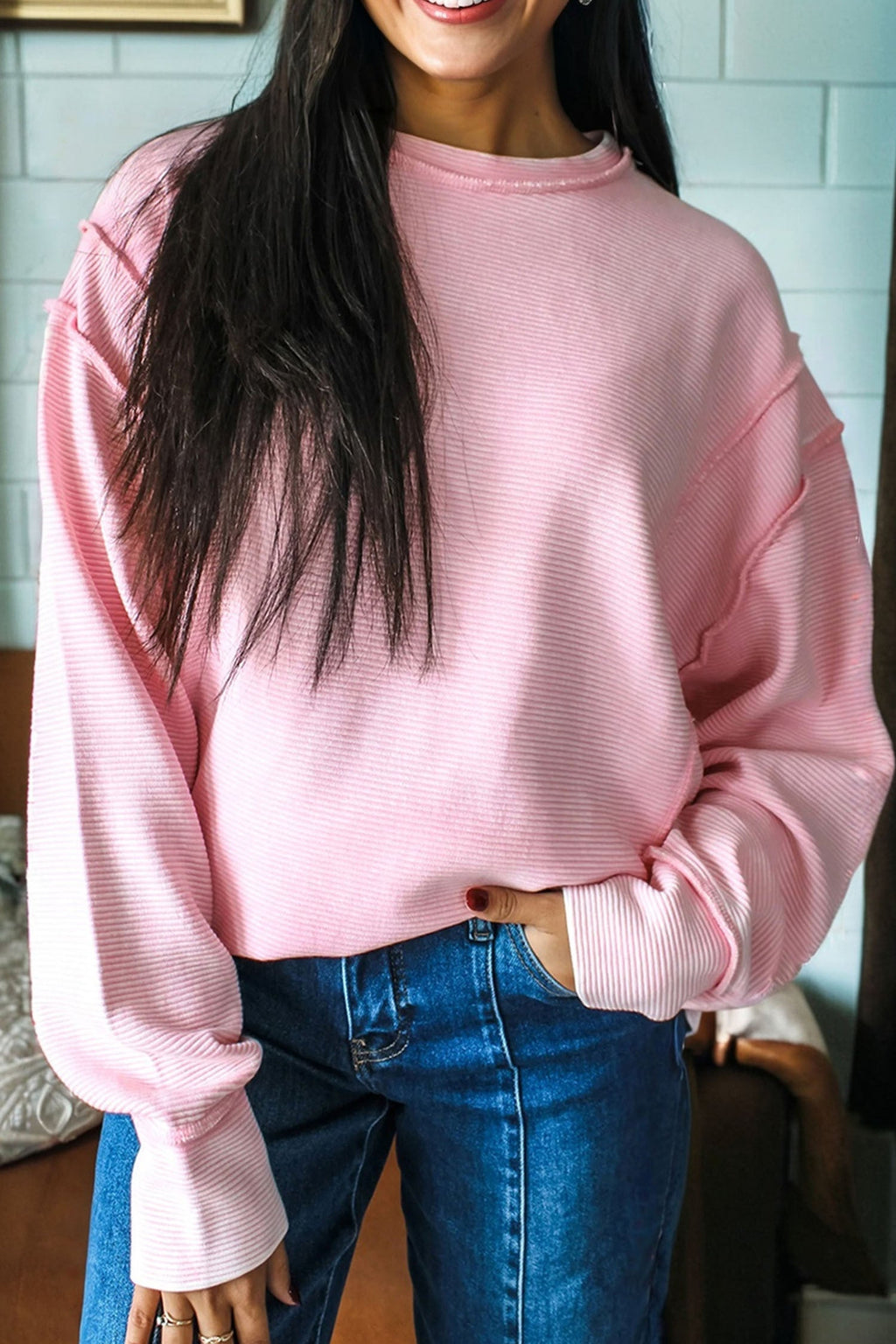 PRE ORDER Pink Horizontal Ribbed Exposed Seam Detail Long Sleeve Top/ ETA 1/26