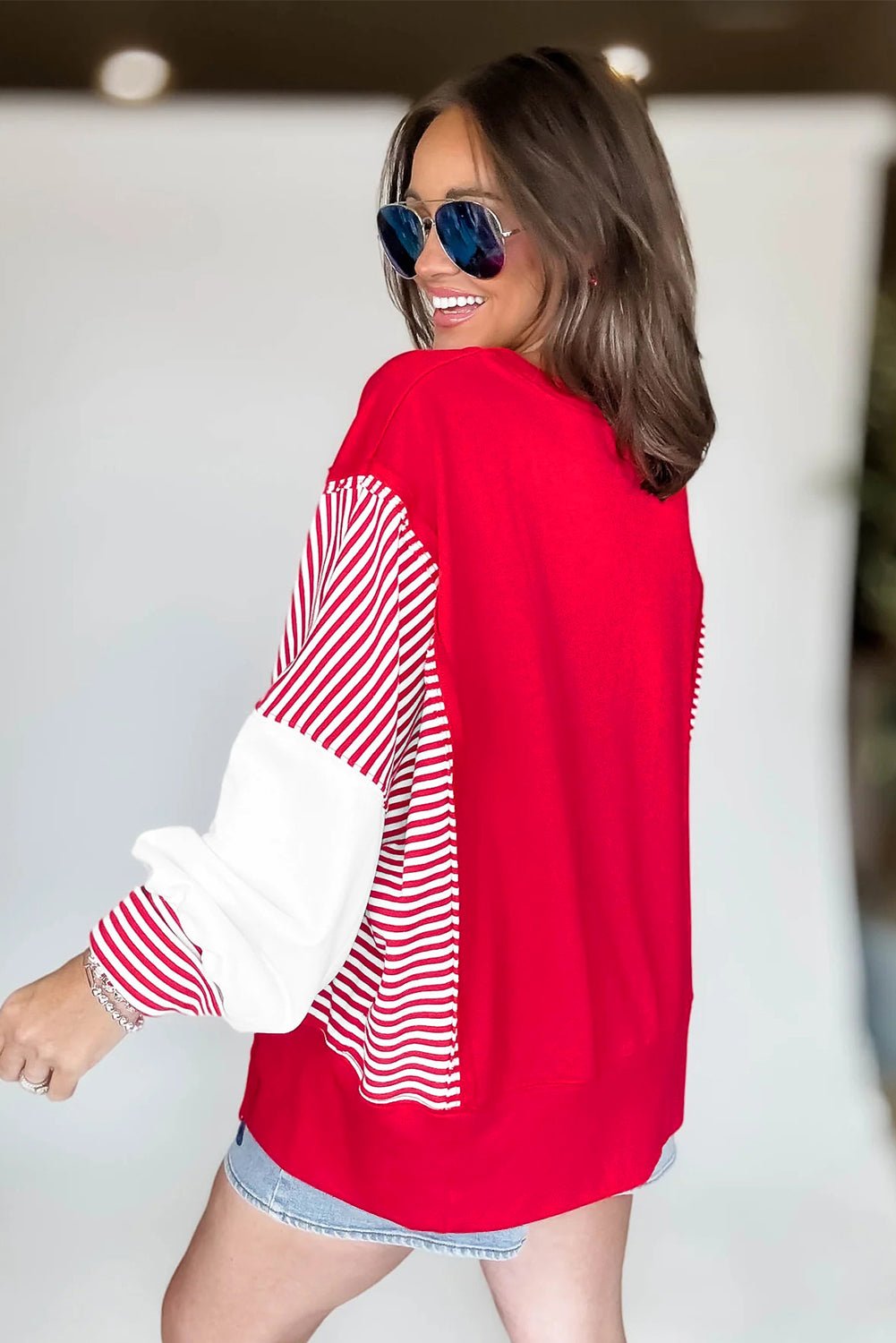 Racing Red Striped Patchwork Sleeve Colorblock Sweatshirt