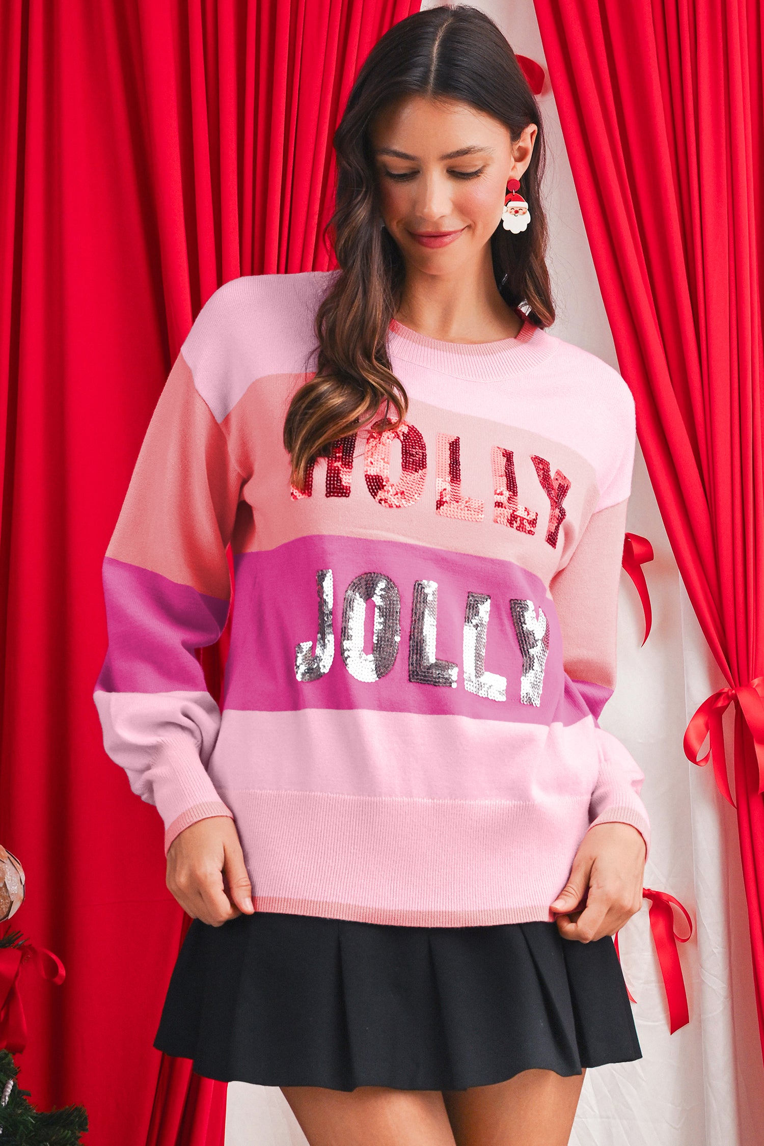 Green HOLLY JOLLY Sequined Colorblock Crew Neck Sweater