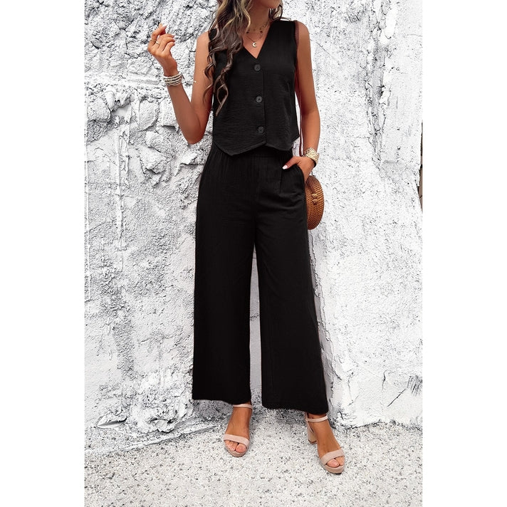 Sleeveless Button Deep V Neck Pockets Solid Sets