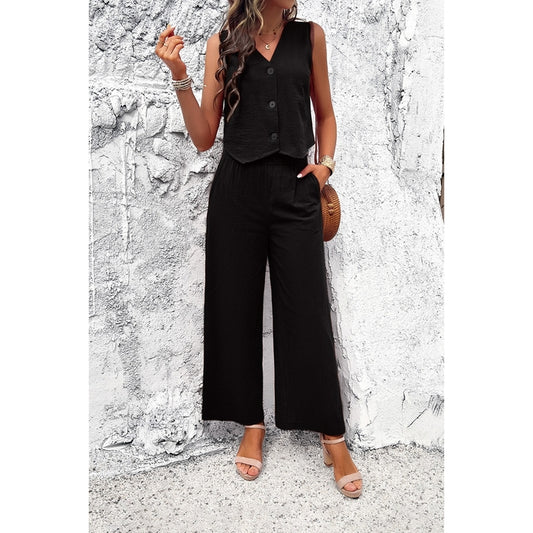 Sleeveless Button Deep V Neck Pockets Solid Sets
