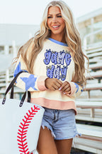 Beige Game Day Graphic Starry Patched Sleeve Contrast Trim Casual Sweatshirt