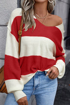 Red Stripe Colorblock V Neck Side Slits Sweater