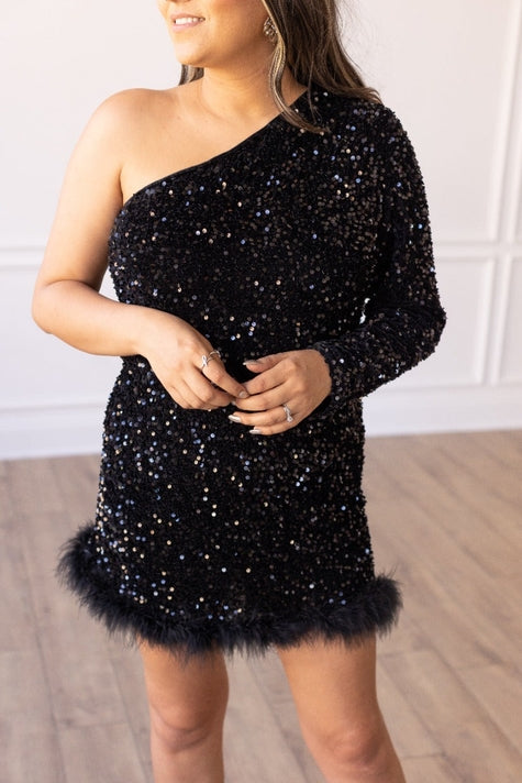 Feathered Opulence Sequin Dress In Black