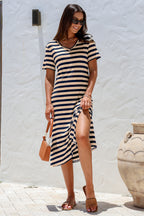 Fiery Red Black Stripe Print V Neck Maxi Dress with Side Splits