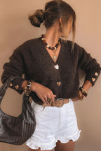 Chicory Coffee V Neck Metallic Heart Button Knit Cardigan