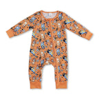 Long Sleeves Floral Dog Girls Bamboo Zipper Romper