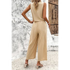 Sleeveless Button Deep V Neck Pockets Solid Sets