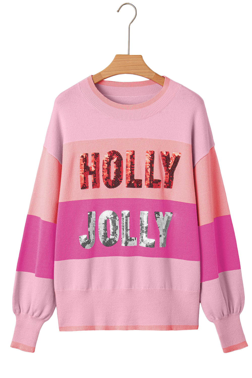 Green HOLLY JOLLY Sequined Colorblock Crew Neck Sweater