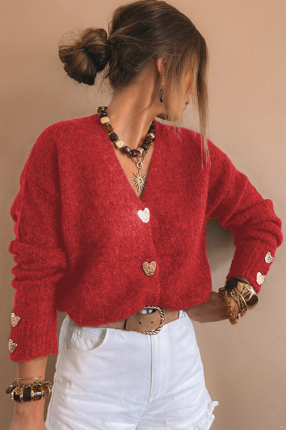 Chicory Coffee V Neck Metallic Heart Button Knit Cardigan