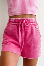PRE ORDER Rose Red Mineral Washed Drawstring Elastic Waist Raw Cut Shorts / ETA 1/26