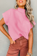 PRE ORDER Pink Patch Pocket Ribbed Knit Short Sleeve Sweater/ ETA 1/26