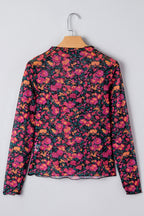 Rose Slim Fit Floral Mesh Long Sleeve Mock Neck Top