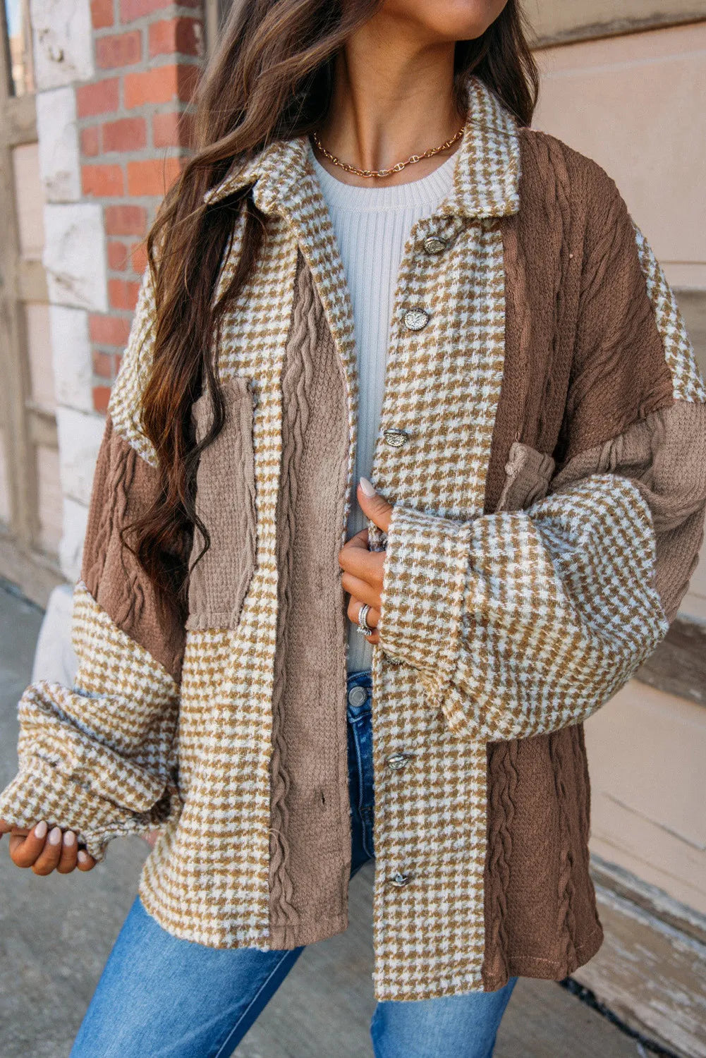 Khaki Houndstooth Color Contrast Textured Patchwork Loose