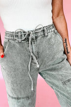 Gray Acid Wash Barrel Fit Denim Pants with Waist String