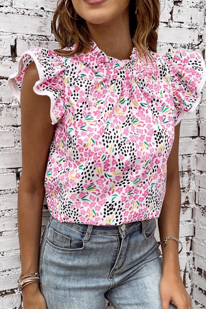 Abstract Print High Neck Flutter Sleeve Top