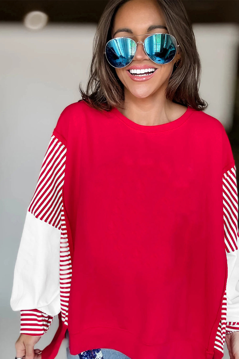 Racing Red Striped Patchwork Sleeve Colorblock Sweatshirt