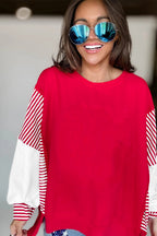 Racing Red Striped Patchwork Sleeve Colorblock Sweatshirt