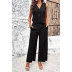 Sleeveless Button Deep V Neck Pockets Solid Sets
