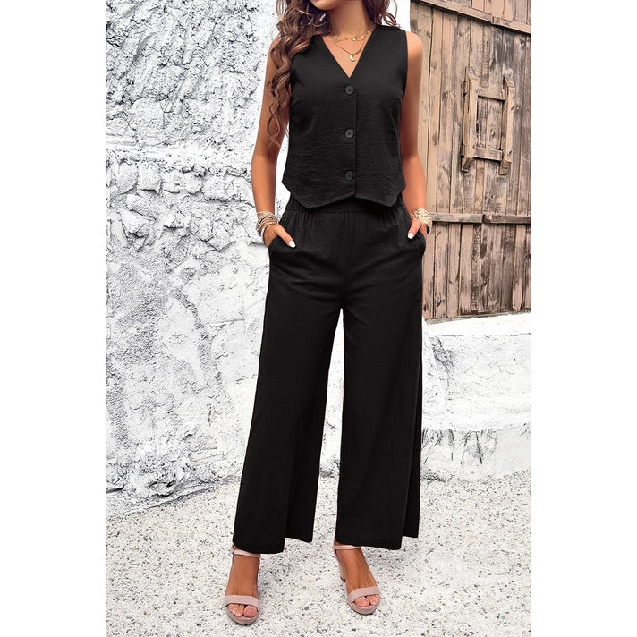 Sleeveless Button Deep V Neck Pockets Solid Sets