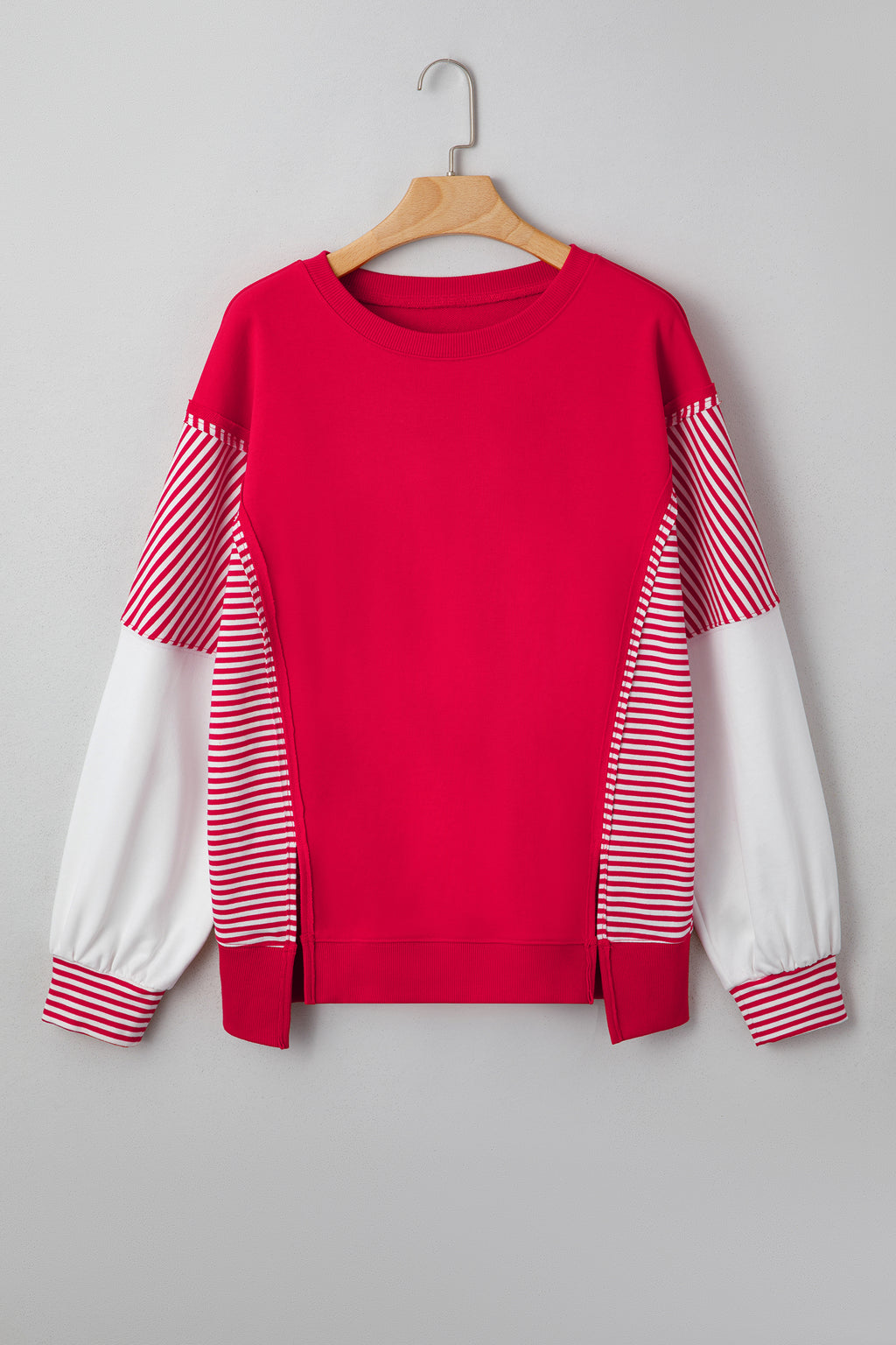 Racing Red Striped Patchwork Sleeve Colorblock Sweatshirt