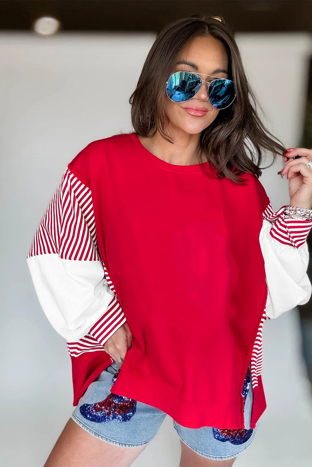 Racing Red Striped Patchwork Sleeve Colorblock Sweatshirt