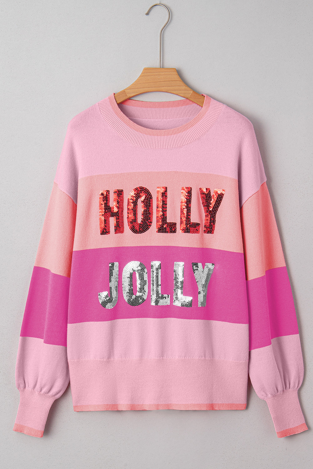 Green HOLLY JOLLY Sequined Colorblock Crew Neck Sweater