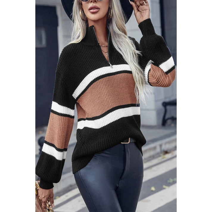 Half Zipper Strip Knit Loose Fit Sweater