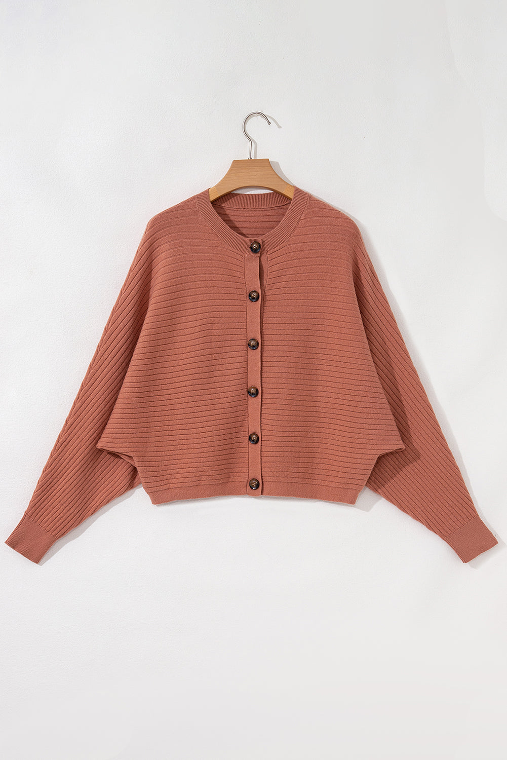 Apricot Pink Rib Knit Button Front Dolman Sleeve Cardigan