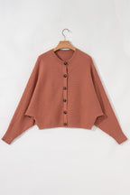 Apricot Pink Rib Knit Button Front Dolman Sleeve Cardigan