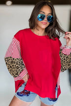 Racing Red Striped Patchwork Sleeve Colorblock Sweatshirt
