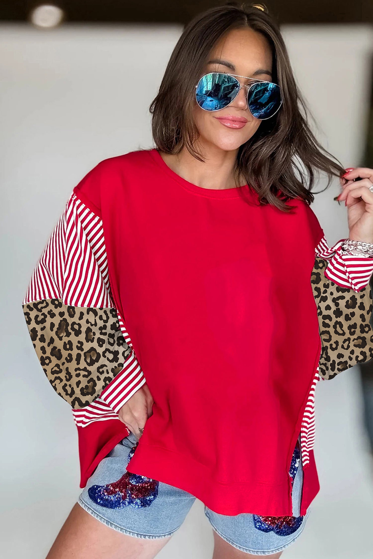 Racing Red Striped Patchwork Sleeve Colorblock Sweatshirt
