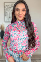 Rose Slim Fit Floral Mesh Long Sleeve Mock Neck Top