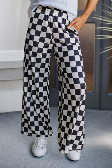 Checkered Print High Waist Wide Leg Pants